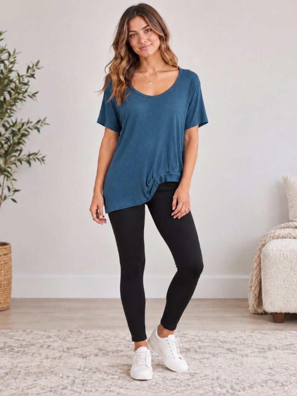 VIMMIA Blue Ribbed Asymmetrical Draped Hem Tee Top Size M